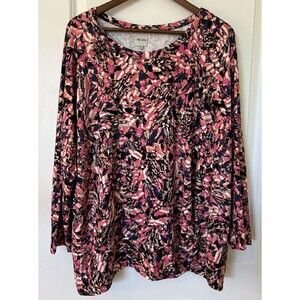 Nic + Zoe Abstract Print Ruched Knit Top Womens Size 3X Plus 3/4 Sleeve Stretch